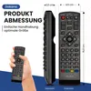 A product shot of a remote control with dimensions and a hand holding a remote control. Produktbild-Vorschau