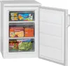 A white upright freezer with its door open, showing three clear drawers filled with frozen food items. The freezer is positioned against a white background. Náhľad obrázku produktu