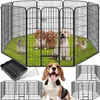 A black metal pet playpen with several puppies and a rabbit inside, on a green mat. Below the playpen are accessories and a beagle dog. Produktbild-Vorschau