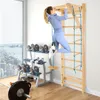 A woman is exercising on a wooden climbing wall in a home gym setting. Podgląd zdjęcia produktu