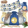 A collection of small fabric bags with numbers and festive designs, arranged in rows and a cluster at the bottom, with some decorative elements like pine branches and clothespins. Produktbild-Vorschau