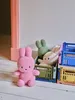 Three plush bunny toys are arranged in colorful plastic crates, with one pink bunny in the foreground. Produktbild-Vorschau