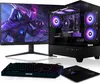 A gaming PC setup including a monitor, computer tower, keyboard, and mouse, all illuminated with purple and blue lighting. Produktbild-Vorschau