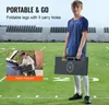 A young boy stands on a football field holding a foldable training board. A smaller inset image shows him placing the board into a car. Náhľad obrázku produktu