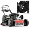 A black gasoline lawnmower is shown from a low-angle front-side view, with a close-up inset of its cutting blades. Produktbild-Vorschau