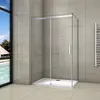 A modern shower cabin with a sliding door is shown in a bathroom setting with tiled walls and floor. A large window with a view of a tropical beach is visible on the left. Produktbild-Vorschau
