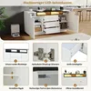 A white and black sideboard with LED lighting, shown with various features highlighted in separate panels. Produktbild-Vorschau