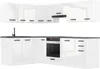 A white, high-gloss L-shaped kitchen unit with black handles and a black sink and faucet. The upper cabinets are visible, as is a range hood. The lower cabinets include an oven and drawers. Produktbild-Vorschau