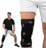 A collage showing a man wearing a knee brace and a close-up of the knee brace. Produktbild-Vorschau