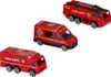 Three toy fire trucks are arranged diagonally on a white background. Produktbild-Vorschau