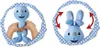 Two circular frames showing a blue plush bunny toy. The left frame shows hands holding the bunny. The right frame shows the bunny's ears being moved with red arrows indicating motion. Náhľad obrázku produktu