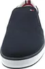 A close-up, front-facing view of a navy blue slip-on sneaker with a white sole. Náhled obrázku produktu