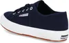 A close-up side view of a navy blue Superga sneaker with a white sole and a brown rubber outsole. Produktbild-Vorschau