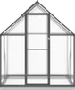 A front view of a greenhouse with a gray frame and clear panels, set against a white background. Voir les images du produit
