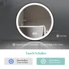 A round LED bathroom mirror with its light on, reflecting a bathtub. There are touch controls and text overlays explaining features. Produktbild-Vorschau