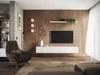 A modern living room with a TV mounted on a wood-paneled wall, a floating media console, and a comfortable armchair. Náhľad obrázku produktu