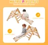 Two children interacting with a wooden Pikler triangle set indoors, demonstrating climbing and sliding features. Podgląd zdjęcia produktu