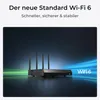A black Wi-Fi 6 router with four antennas is shown against a dark, abstract background with streaks of light. Produktbild-Vorschau