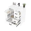 A white bathroom vanity with a ceramic sink and black faucet, shown with its drawers and door open to reveal storage compartments. Anteprima dell’immagine prodotto