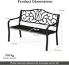 A diagram showing the dimensions of a black metal garden bench. Podgląd zdjęcia produktu