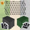 A collage of ground reinforcement grids, stacks of black and green grids, and small bags of stakes, set against a background of grass, gravel, and beige. Produktbild-Vorschau