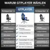 A comparison chart showing features of the GTPLAYER gaming chair against two competitors. Produktbild-Vorschau