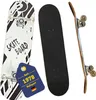 Three skateboards are displayed against a white background. One is shown from the top with a black and white design, another from the side showing its black grip tape, and the third from the side showing its profile and wheels. Produktbild-Vorschau