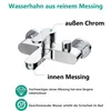 A close-up view of a chrome-plated brass faucet with text labels indicating its material composition and benefits. Produktbild-Vorschau