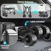 The image shows a foldable wagon being stored in the trunk of a car, with a close-up of its wheels and a side pocket. Produktbild-Vorschau