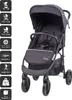 A dark gray baby stroller is shown against a white background, with a column of icons and text on the left side detailing its specifications. Produktbild-Vorschau