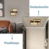 A collage showing a modern geometric wall lamp and a ceiling lamp in a hallway. Produktbild-Vorschau