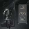 A diagram showing the ergonomic support of a gaming chair, with a silhouette of a person and skeletal structure highlighting spinal alignment. Produktbild-Vorschau