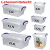 A collection of clear plastic storage boxes of various sizes with purple clasps, displayed on a white background. Produktbild-Vorschau