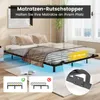 A bed frame with LED lights and mattress stopper features highlighted. Podgląd zdjęcia produktu