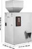 A stainless steel automatic particle weighing filler machine with a hopper on top and a dispensing chute at the bottom. It has a control panel with digital displays and buttons on the front. Náhľad obrázku produktu