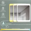 A product image showing a mirror with different light settings and features explained with text and icons. Produktbild-Vorschau