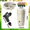 A diagram showing a water barrel with dimensions and accessories, alongside potted plants. Produktbild-Vorschau