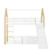 A white and natural wood bunk bed with a slide, shown against a white background. Produktbild-Vorschau