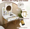 A white vanity table with a cat-ear shaped mirror and LED lights, featuring gold metal legs and drawers, set against a neutral background with decorative plants and informational callouts. Podgląd zdjęcia produktu