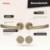 A product image showcasing door handles with descriptive text highlighting features. Produktbild-Vorschau