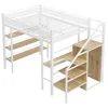 A white metal loft bed with wooden shelves and a desk, shown from a diagonal angle against a white background. Podgląd zdjęcia produktu