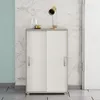 A white and gray cabinet with sliding doors, placed against a marble-patterned wall and a blue wall. Produktbild-Vorschau