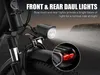 Close-up of an electric bicycle's front fork and fender, highlighting the front and rear lights. Produktbild-Vorschau