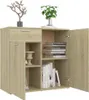 A wooden sideboard with doors and shelves, decorated with plants and books. Voir les images du produit