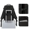 A collage showing the back of a black backpack attached to a silver suitcase, with close-up views of the backpack's straps and a pocket. Podgląd zdjęcia produktu