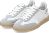 A pair of white and light blue athletic shoes with tan soles. Voir les images du produit