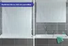 A split image showing a shower roller blind in a bathroom. The left side shows the blind fully extended over a bathtub, and the right side shows it partially rolled up, with a faucet and towel visible. Podgląd zdjęcia produktu