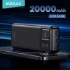 A black power bank is shown on top of a smartphone, with promotional text and graphics in the background. Produktbild-Vorschau