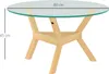 A round glass-top coffee table with a wooden base. Anteprima dell’immagine prodotto