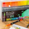 A set of dual-tip marker pens in a clear plastic case, with some pens laid out on a wooden surface. Produktbild-Vorschau